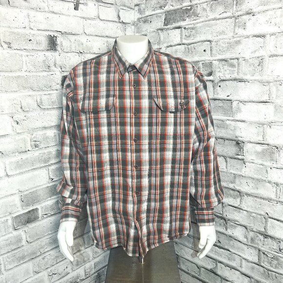 Wrangler Shirt Orange Grey Plaid Outdoor Button Down Long Sleeve - Picture 1 of 7